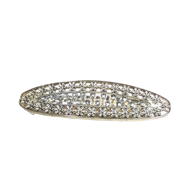 Hair Barrette Tension Clip Silver Oval Clear Rhinestone Flower Wedding Party... - Picture 2 of 5